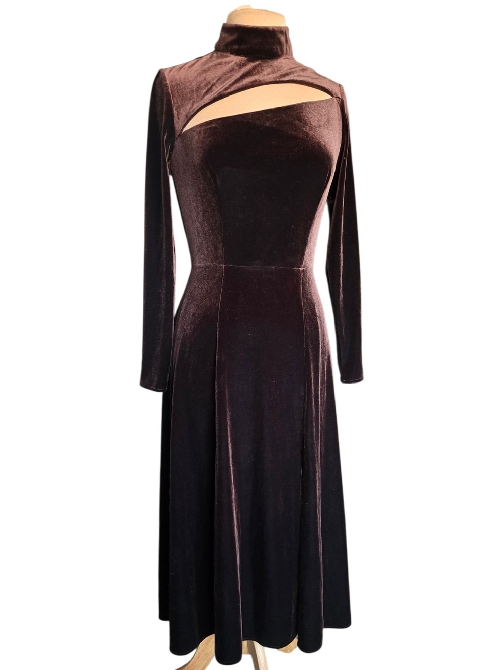 Rene Ruiz Chocolate Brown Velvet Long Sleeve Cutout Midi Dress